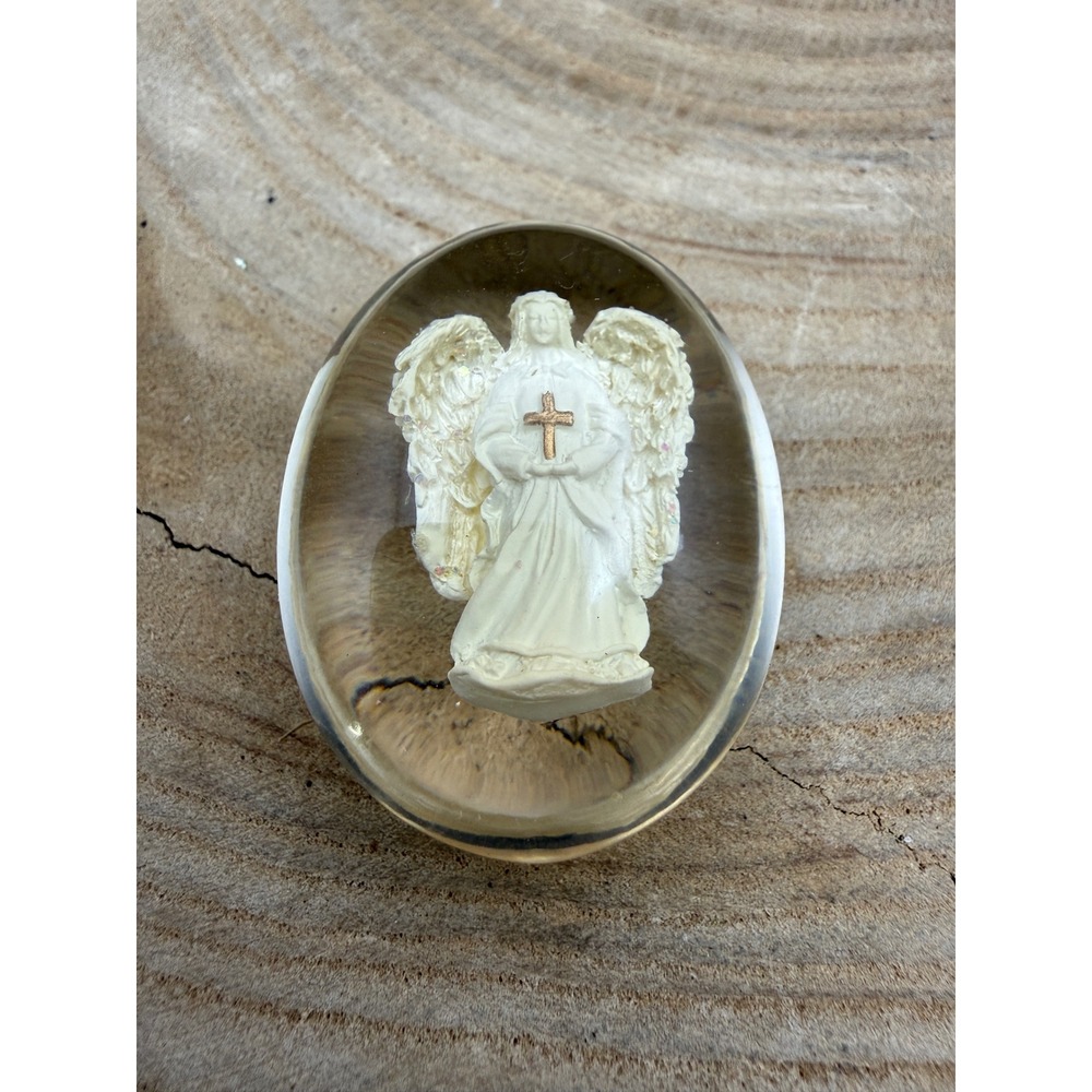 Angel Resin Worry Stone Pocket Charm White Guardian Angel Gold Cross 1.5 Inch